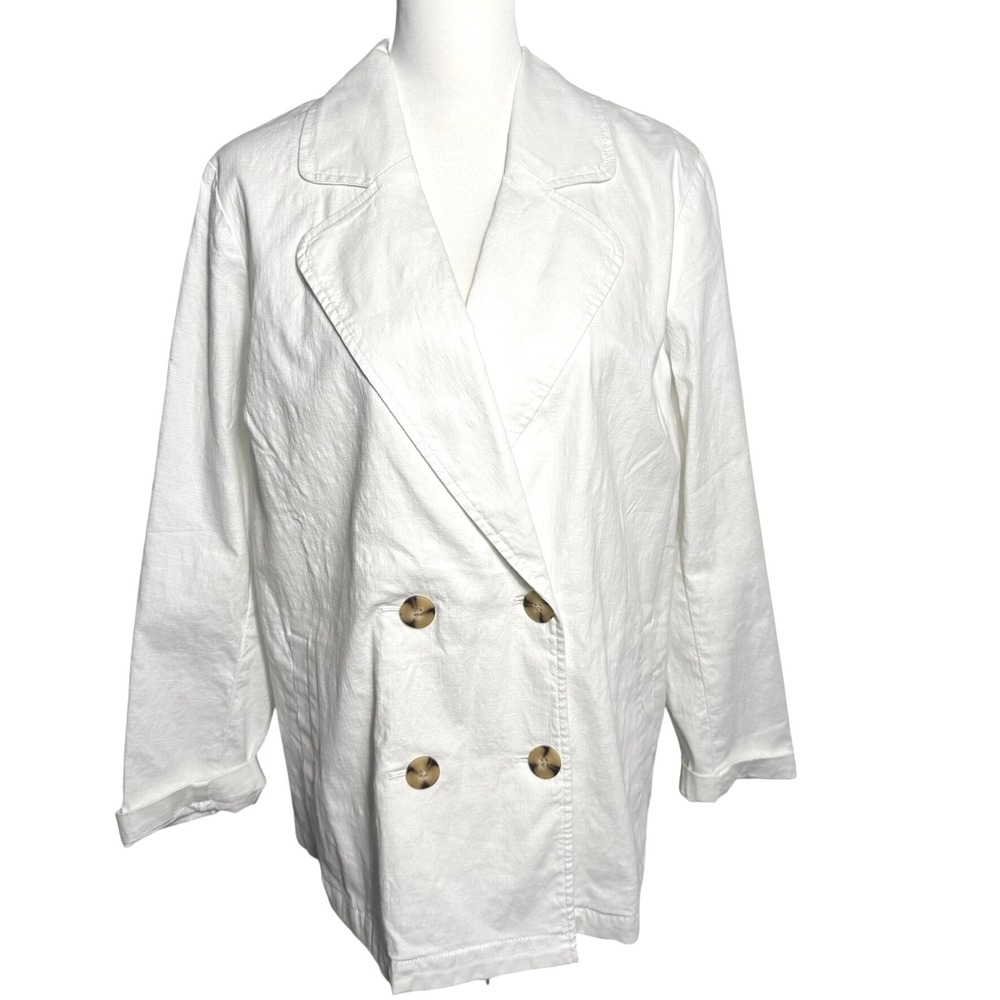 J JILL NWT Women Medium White Double Breasted Cotton Linen Blazer Jacket Pockets